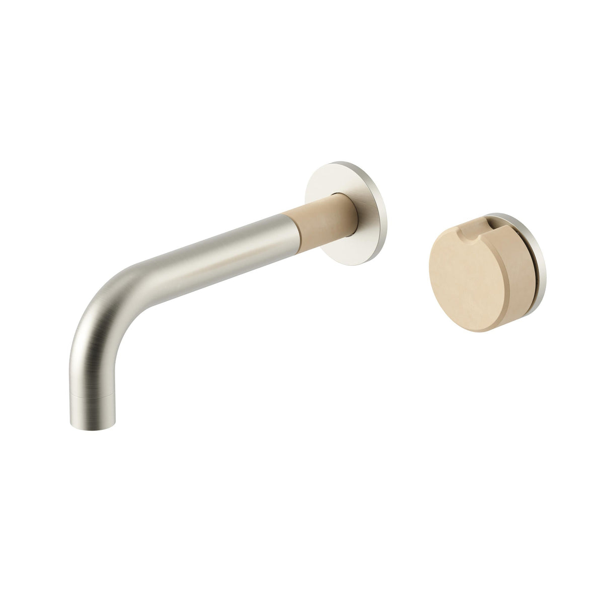 Meir X Nood Co. Alchemy Series, Progressive Wall Mixer Set in Brushed Nickel/Nood - side profile view