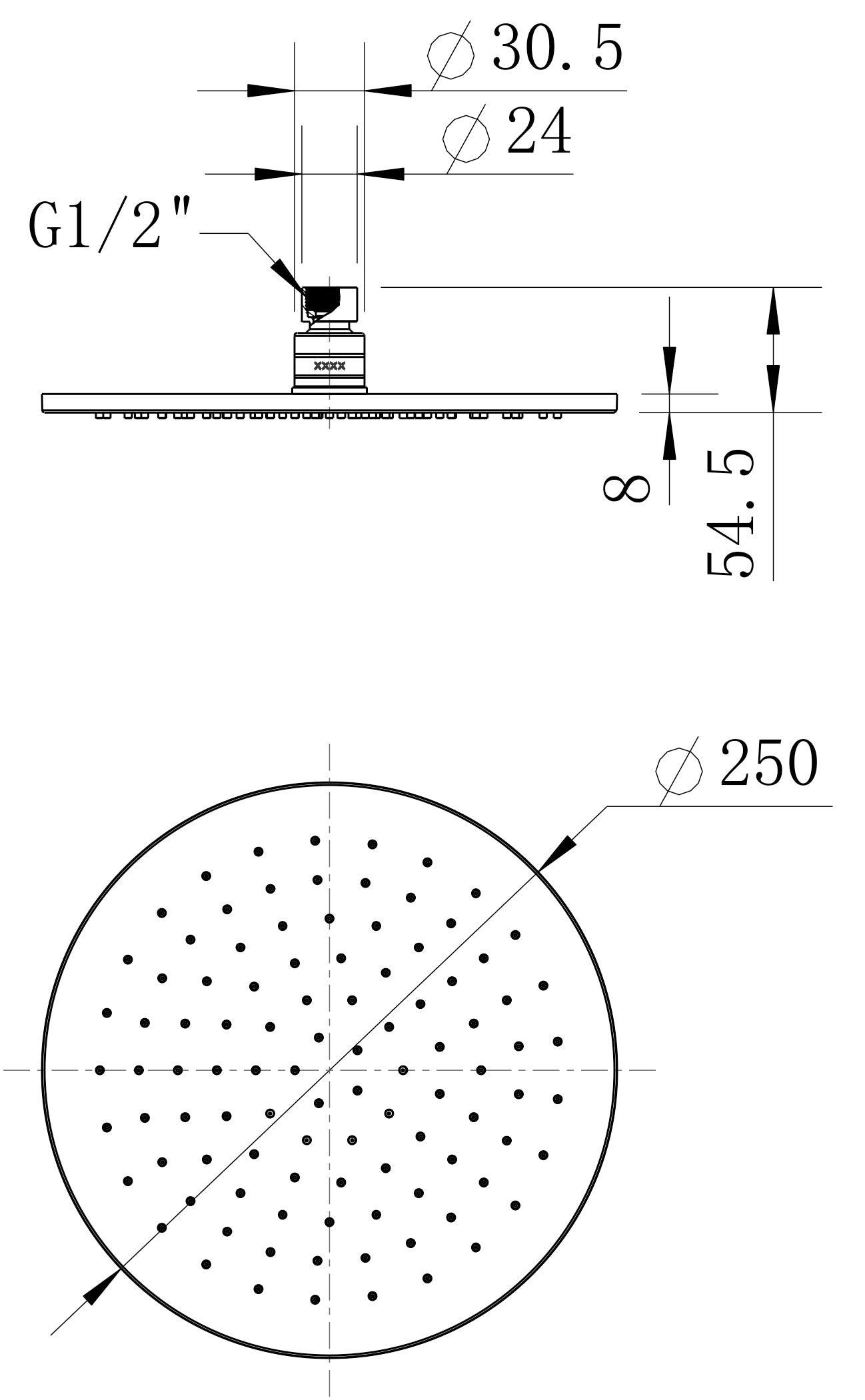 Brass Round Shower Head 250mm - Matte Black