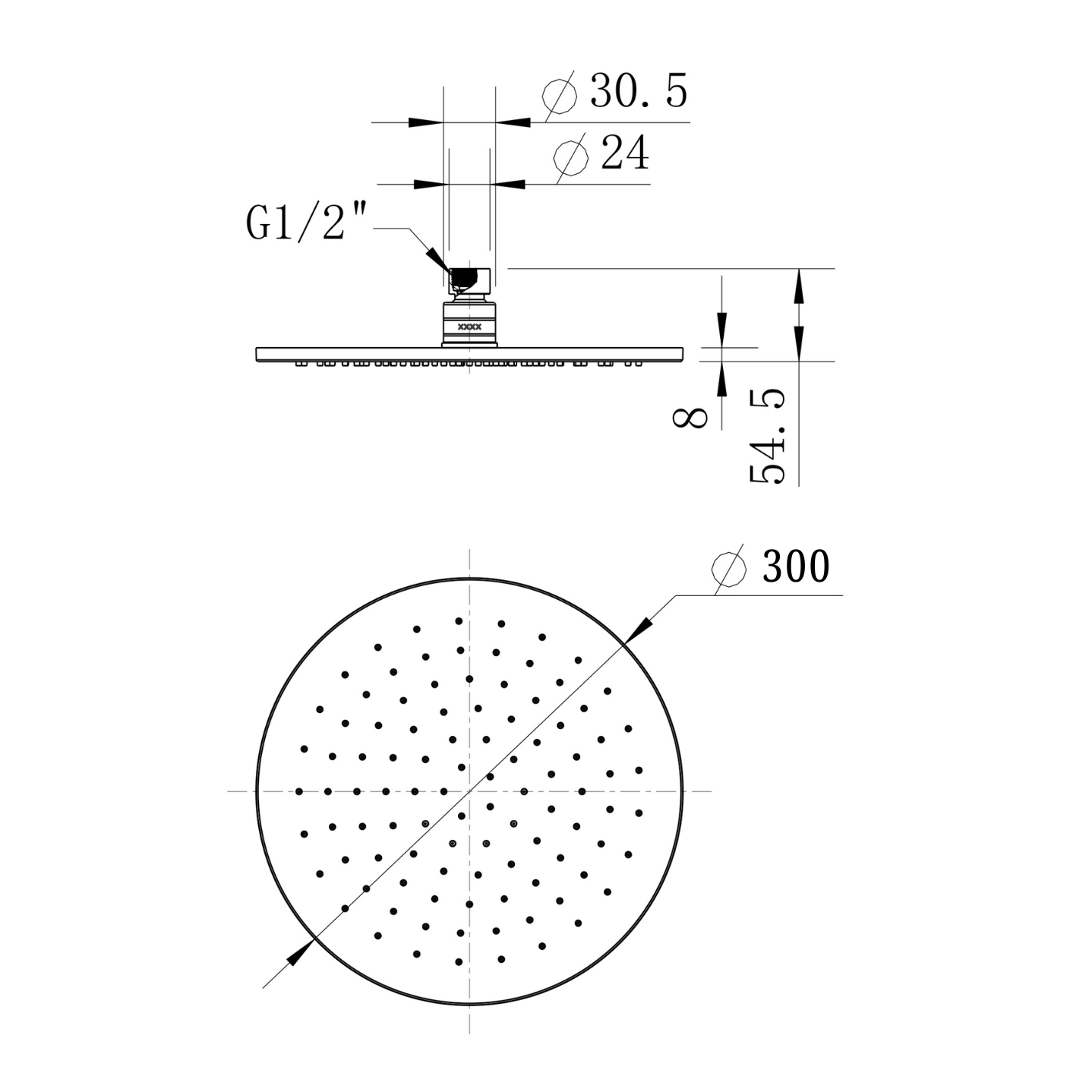 Brass Round Shower Head 300mm - Matte Black