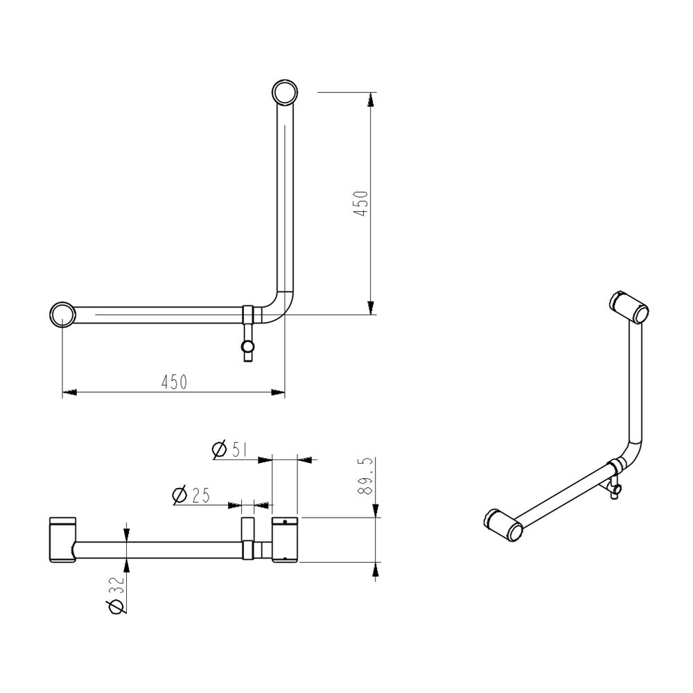 Mica Care Grab Rail - Curved 90 Degree - 450x450mm - Chrome