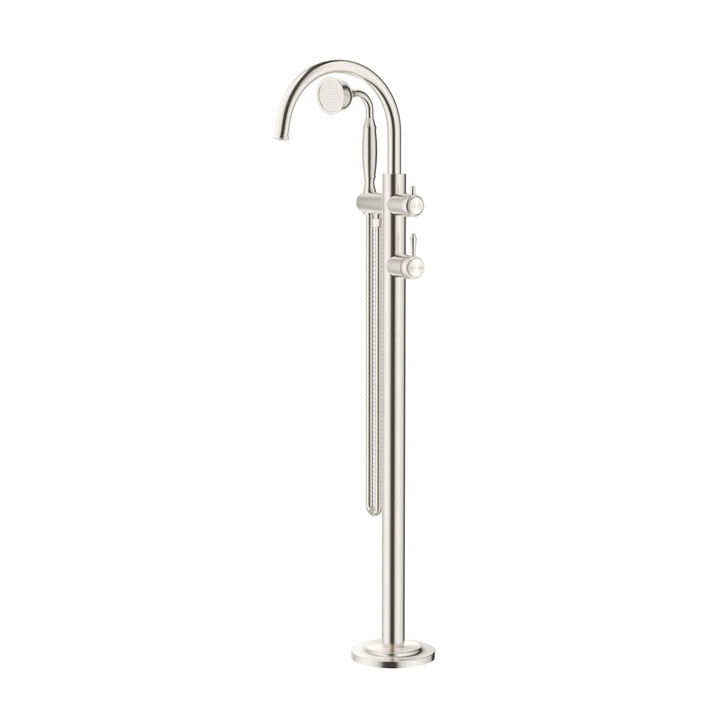 Mica Heritage Freestanding Bath Mixer with Hand Shower in Brushed Nickel - side profile view