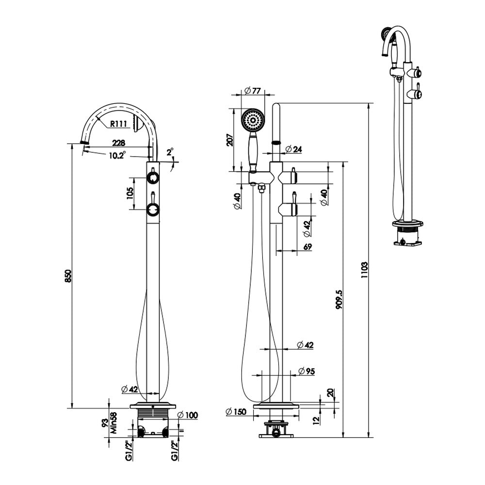Mica Heritage Freestanding Bath Mixer with Hand Shower in Chrome - angled product view