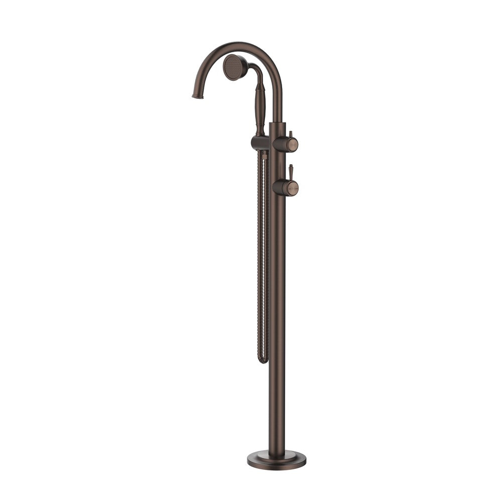 Mica Heritage Freestanding Bath Mixer with Hand Shower in Dusk Bronze - rear mounting detail