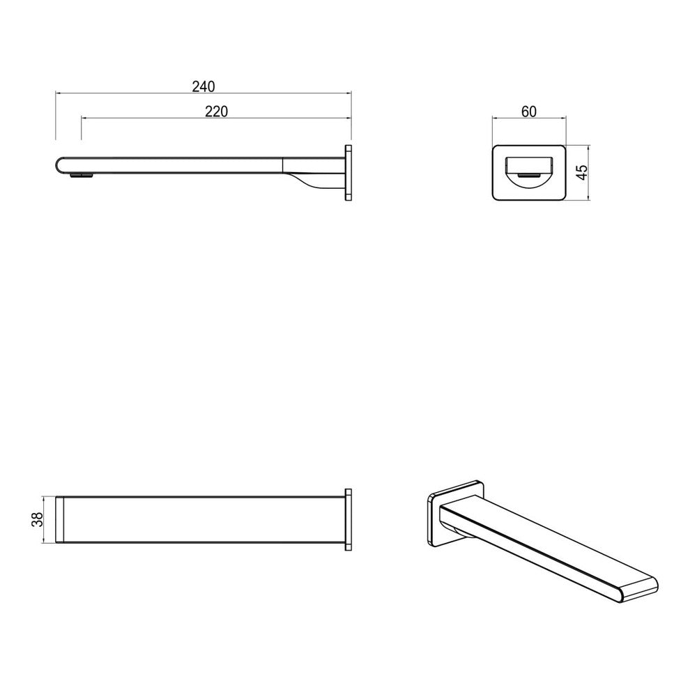 Beki Bath Spout in Chrome - side profile view, bathroom fixture