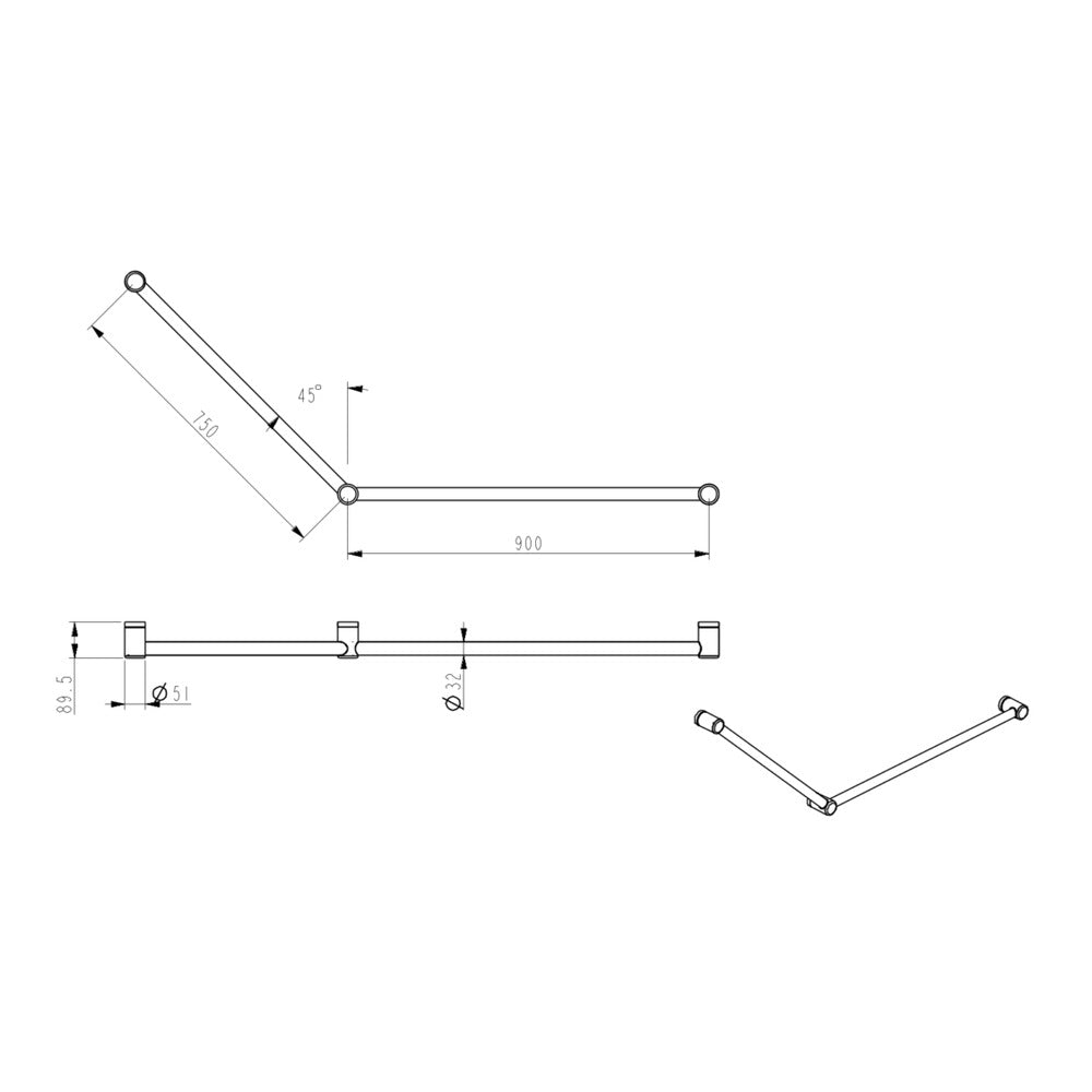 Mica Care Grab Rail - 45 Degree - 750x900mm - Chrome