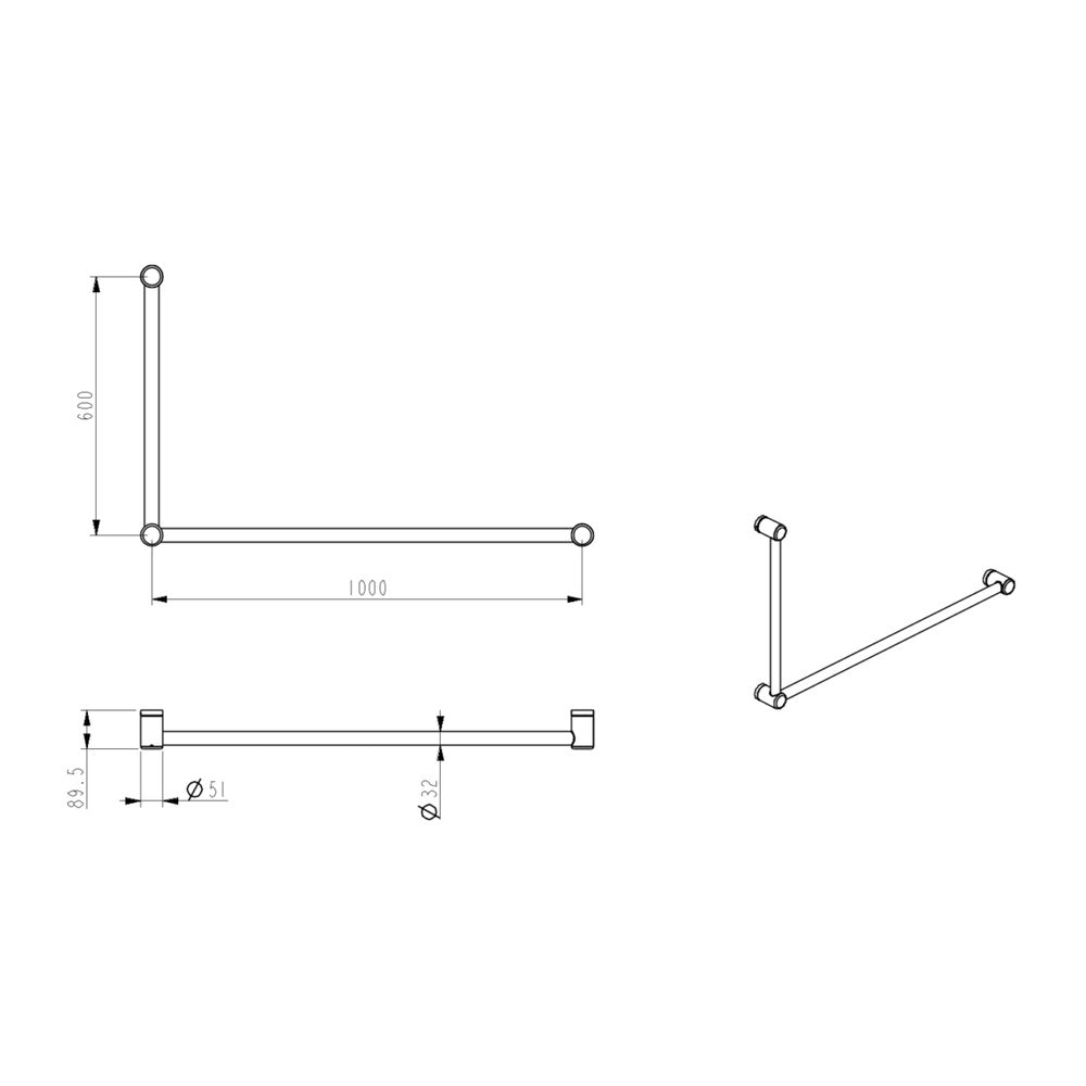 Mica Care Grab Rail - 90 Degree - 600x1000mm - Chrome