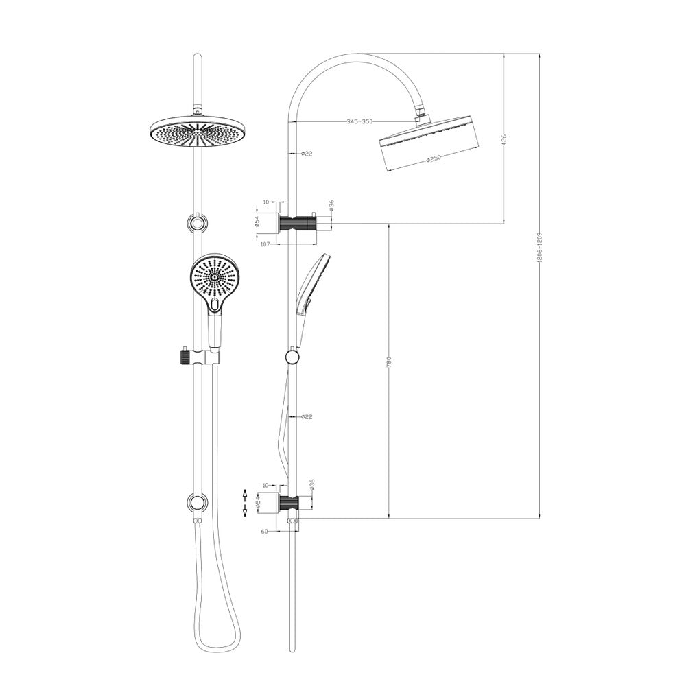 Mica Gooseneck Dual Shower Rail - Black