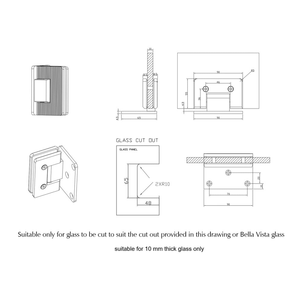 Shower Screen Hinge - Fluted - Glass To Wall - Black