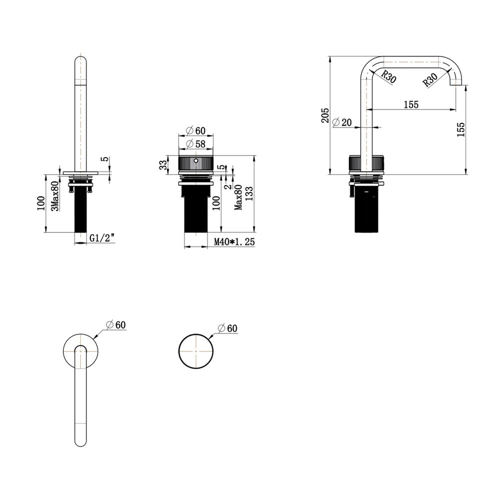 Mica Fluted Soft-Square Hob Basin Mixer Set - Black