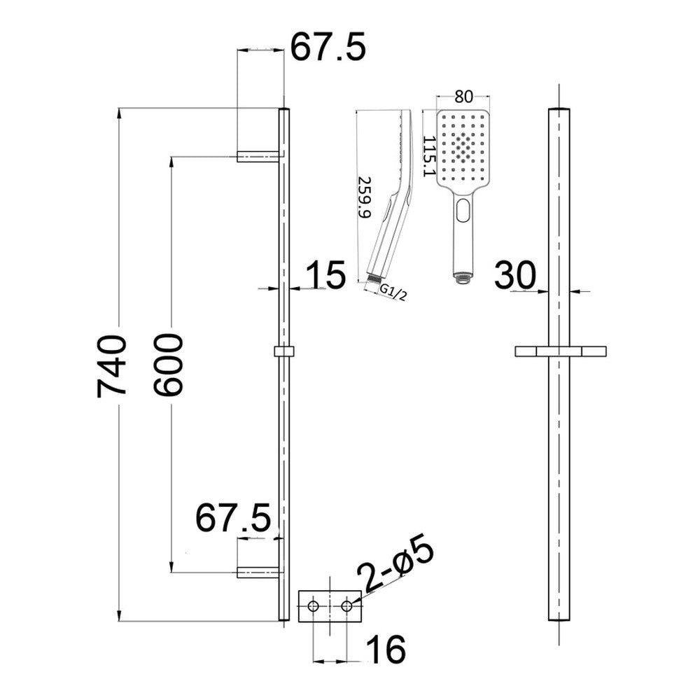 Cresta Single Shower Rail - angled product view, bathroom fixture