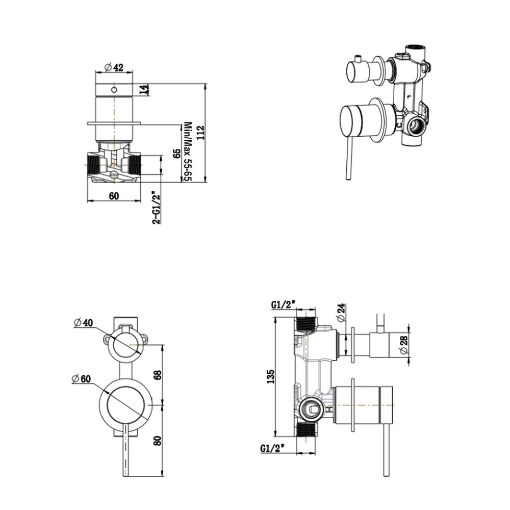 Mica Shower Mixer Diverter - 2P - TRIM KIT ONLY - Chrome