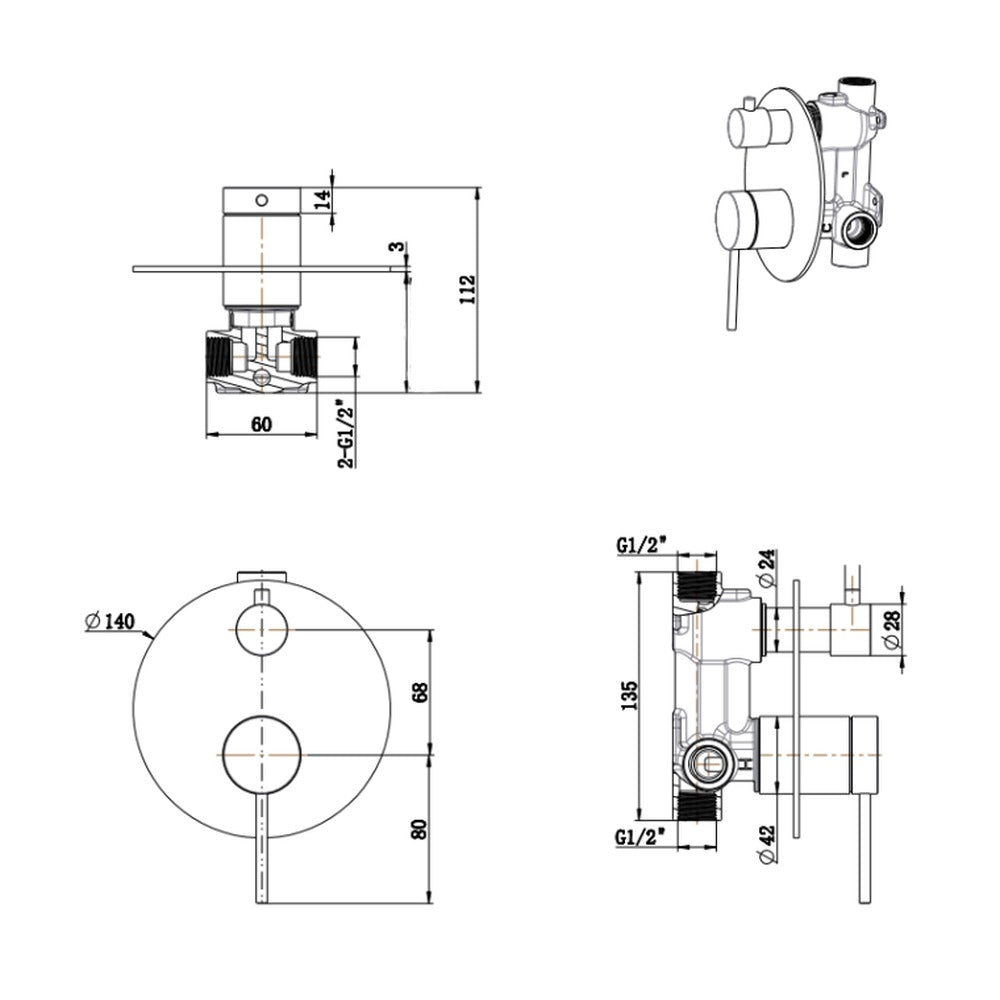 Mica Shower Mixer Diverter - 1P - TRIM KIT ONLY - Chrome
