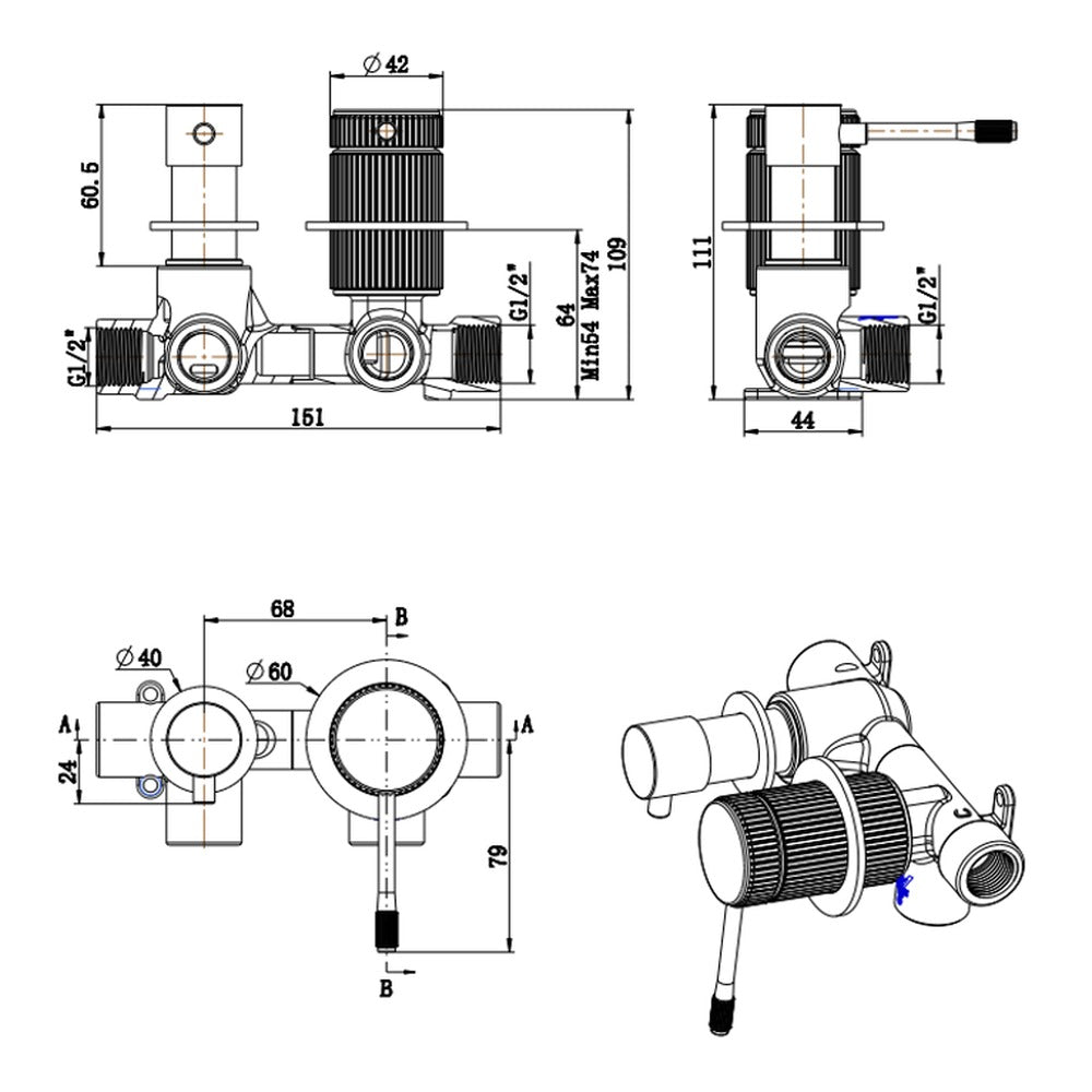 Mica Fluted Shower Mixer Diverter - Sideways in Black - angled product view