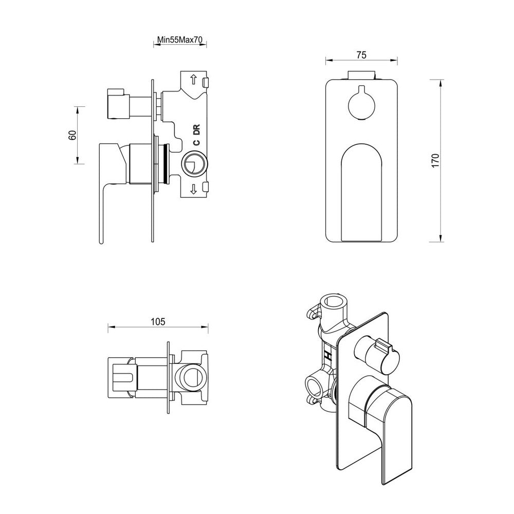 Beki Shower Mixer Diverter - 1P - TRIM KIT ONLY in Chrome - alternative product view
