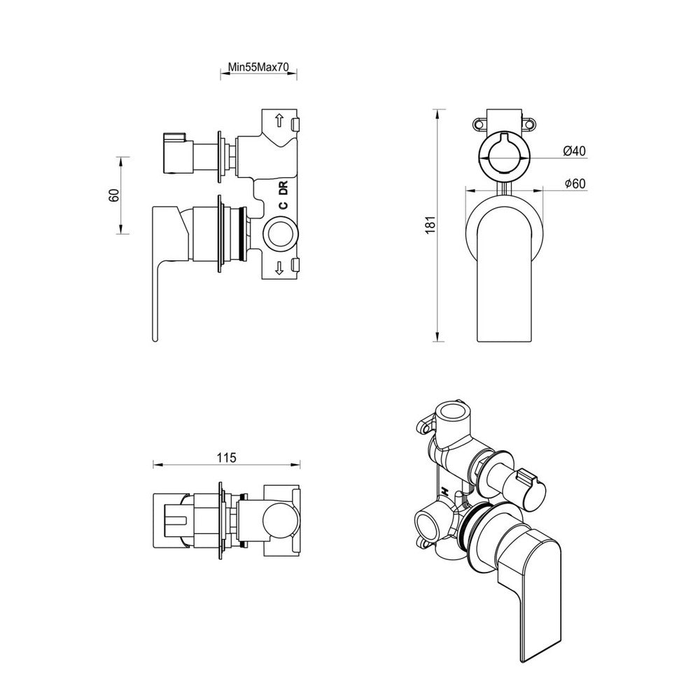 Eleniko Shower Mixer Diverter - 2P - TRIM KIT ONLY - Chrome