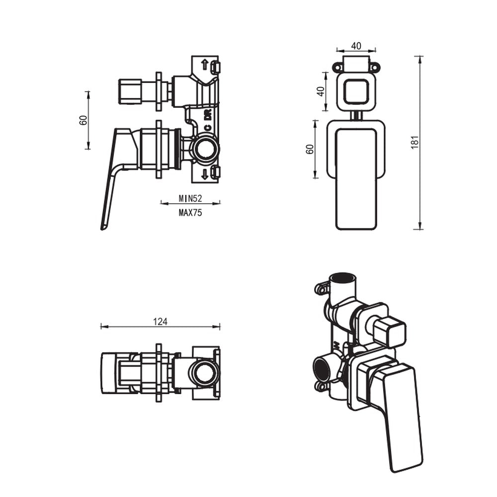 Tiago Shower Mixer Diverter - 2P - TRIM KIT ONLY - Chrome