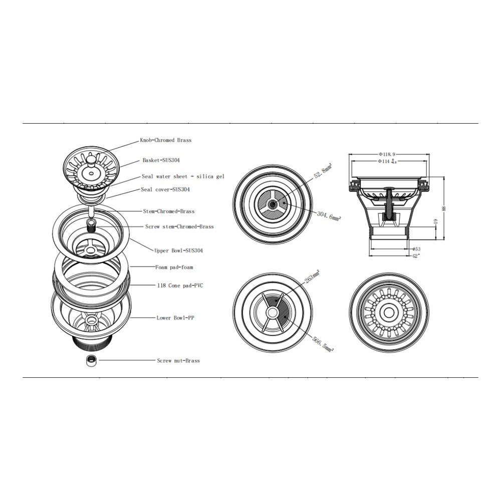 Sink Drain in Black - side profile view, kitchen sink accessory