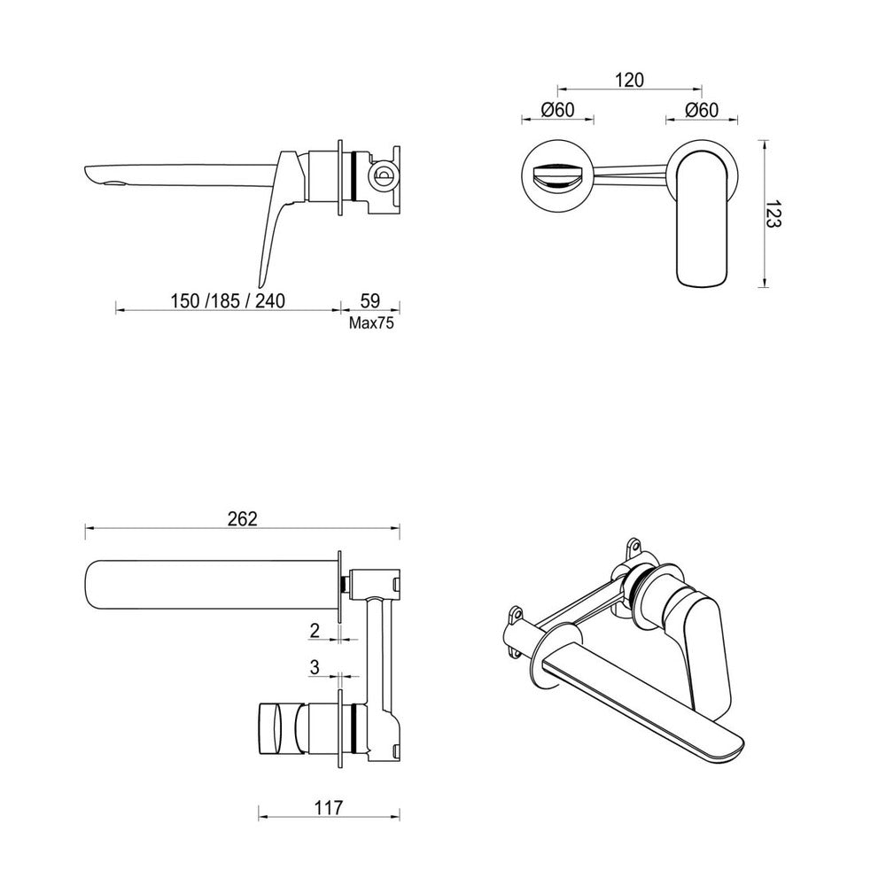 Kaza Wall-Spout Combo - 2P - TRIM KIT ONLY - Chrome