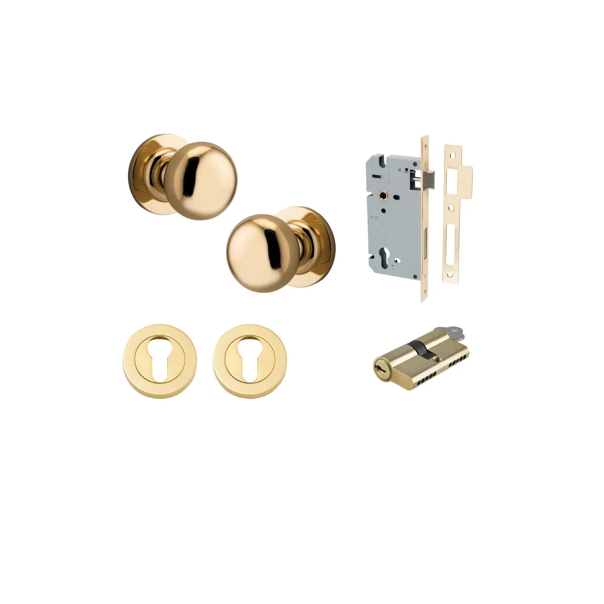 Cambridge Knob - Round Rose Entrance Kit with Separate High Security Lock in Brushed Chrome - entrance set configuration