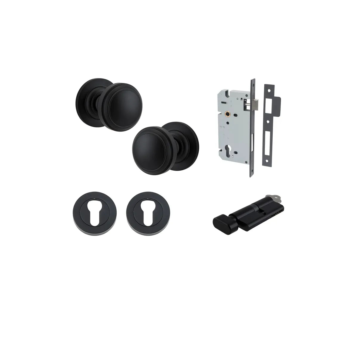 Paddington Knob - Round Rose Entrance Kit with Separate High Security Lock in Brushed Brass - entrance set configuration