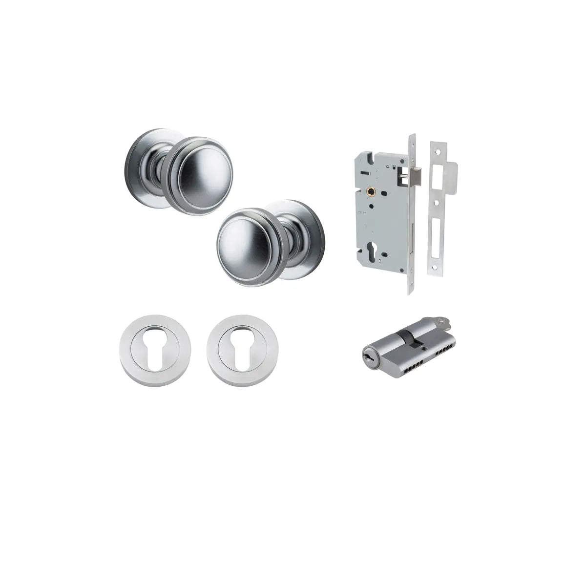 Paddington Knob - Round Rose Entrance Kit with Separate High Security Lock in Brushed Chrome - entrance set configuration