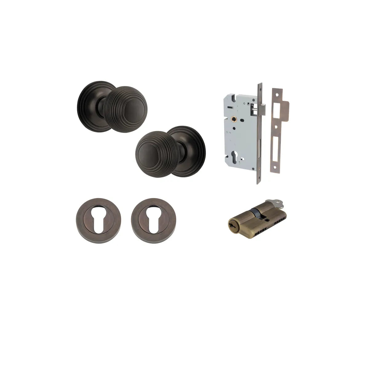 Guildford Knob - Round Rose Entrance Kit with Separate High Security Lock in Brushed Chrome - entrance set configuration