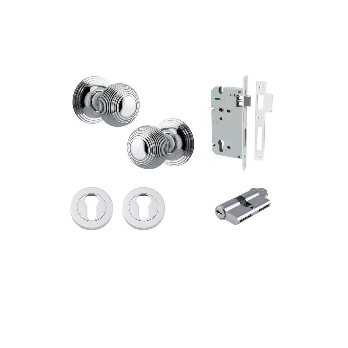 Guildford Knob - Round Rose Entrance Kit with Separate High Security Lock in Brushed Brass - entrance set configuration