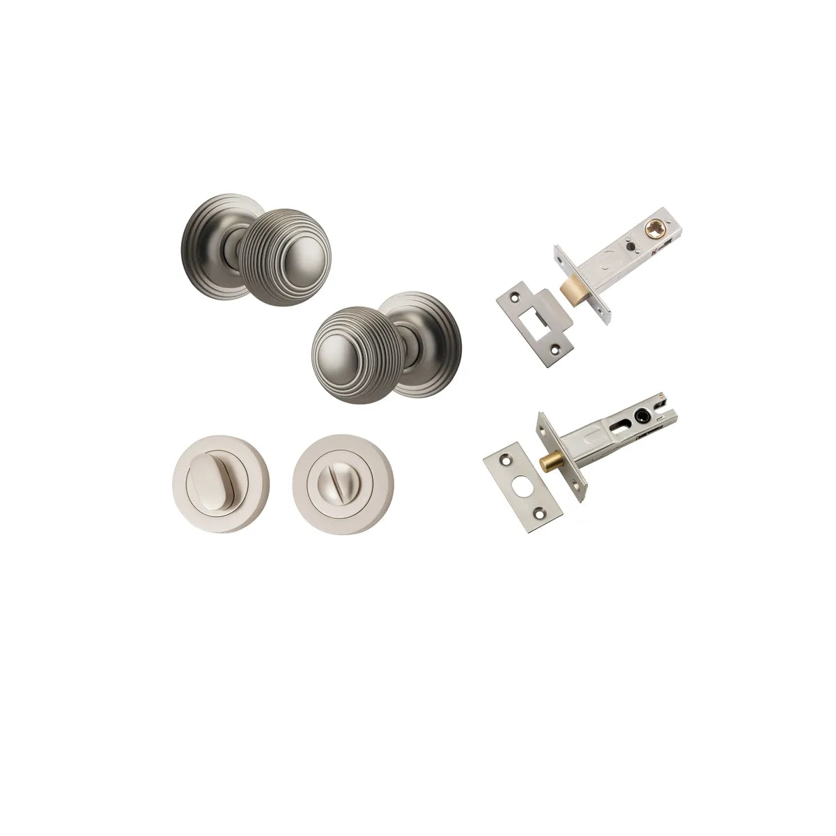 Guildford Knob - Round Rose Privacy Kit with Separate Privacy Turn in Satin Nickel - privacy set configuration