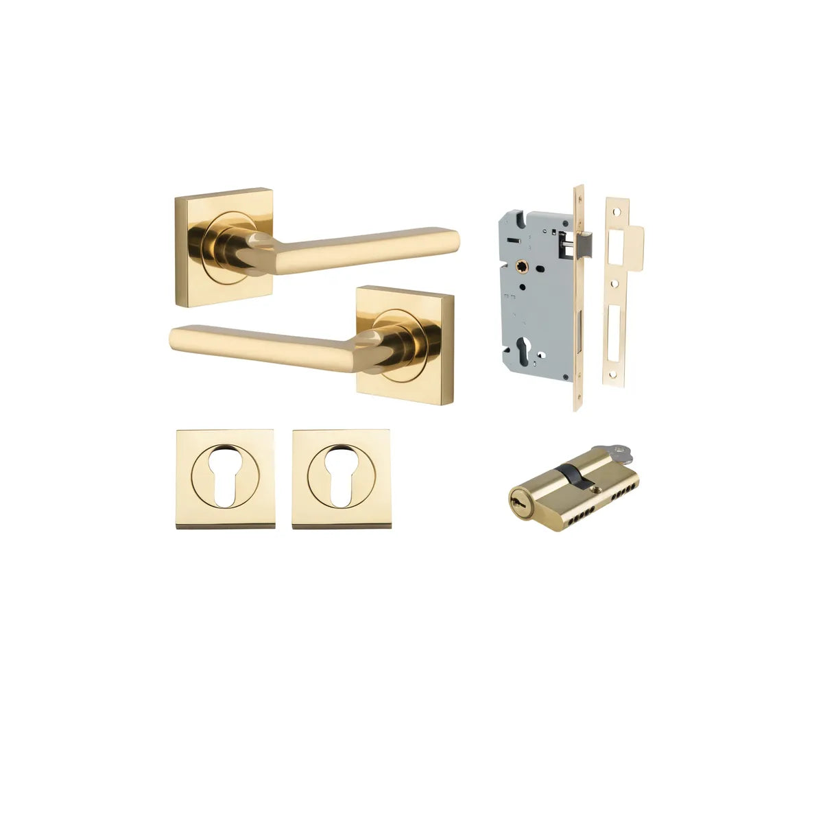 Baltimore Lever - Square Rose Entrance Kit with Separate High Security Lock in Brushed Brass - entrance set configuration