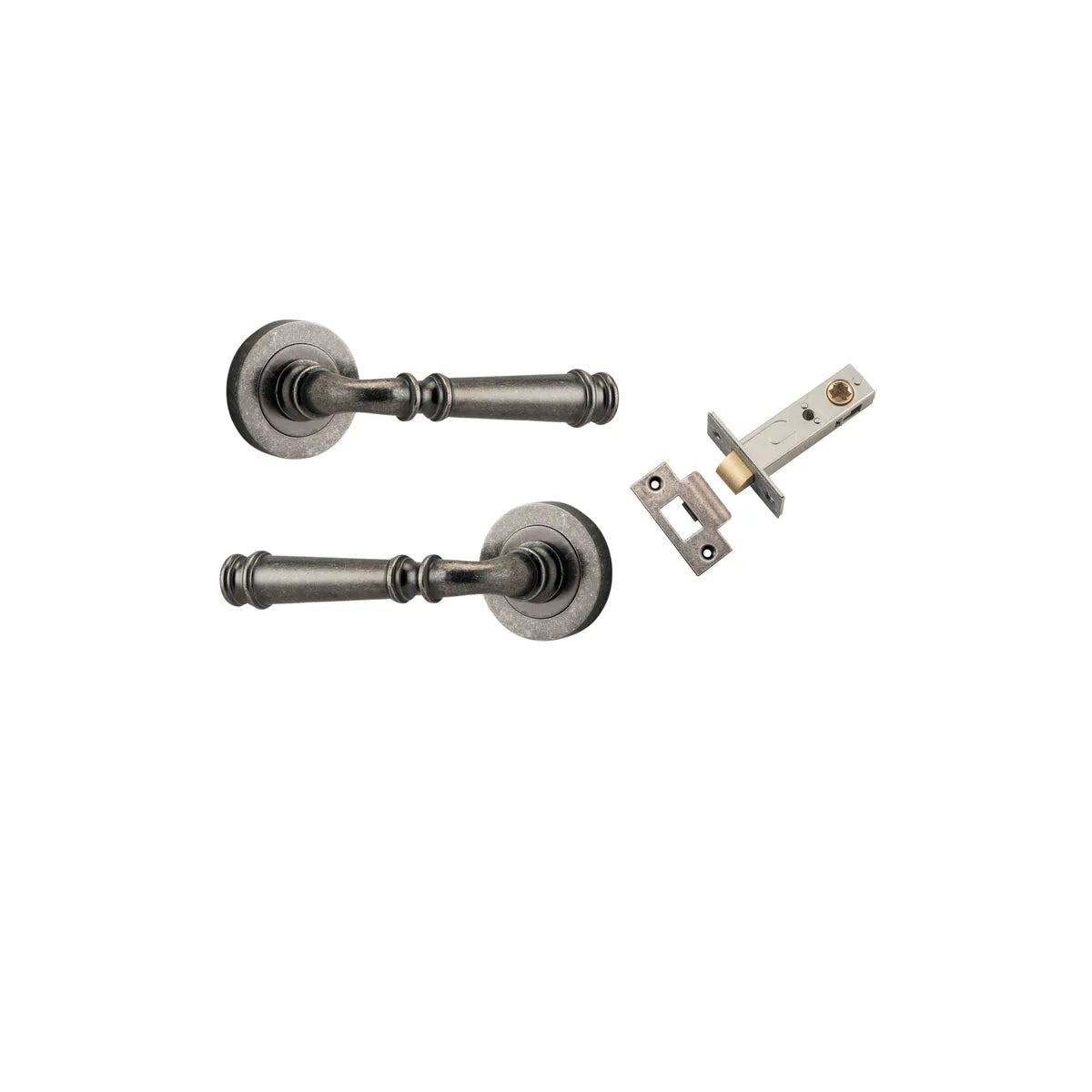 Verona Lever - Round Rose Passage Kit in Distressed Nickel - close-up detail view