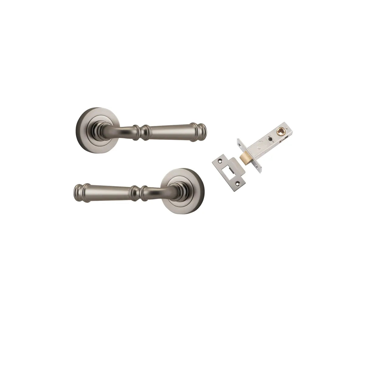 Verona Lever - Round Rose Passage Kit in Satin Nickel - full product view