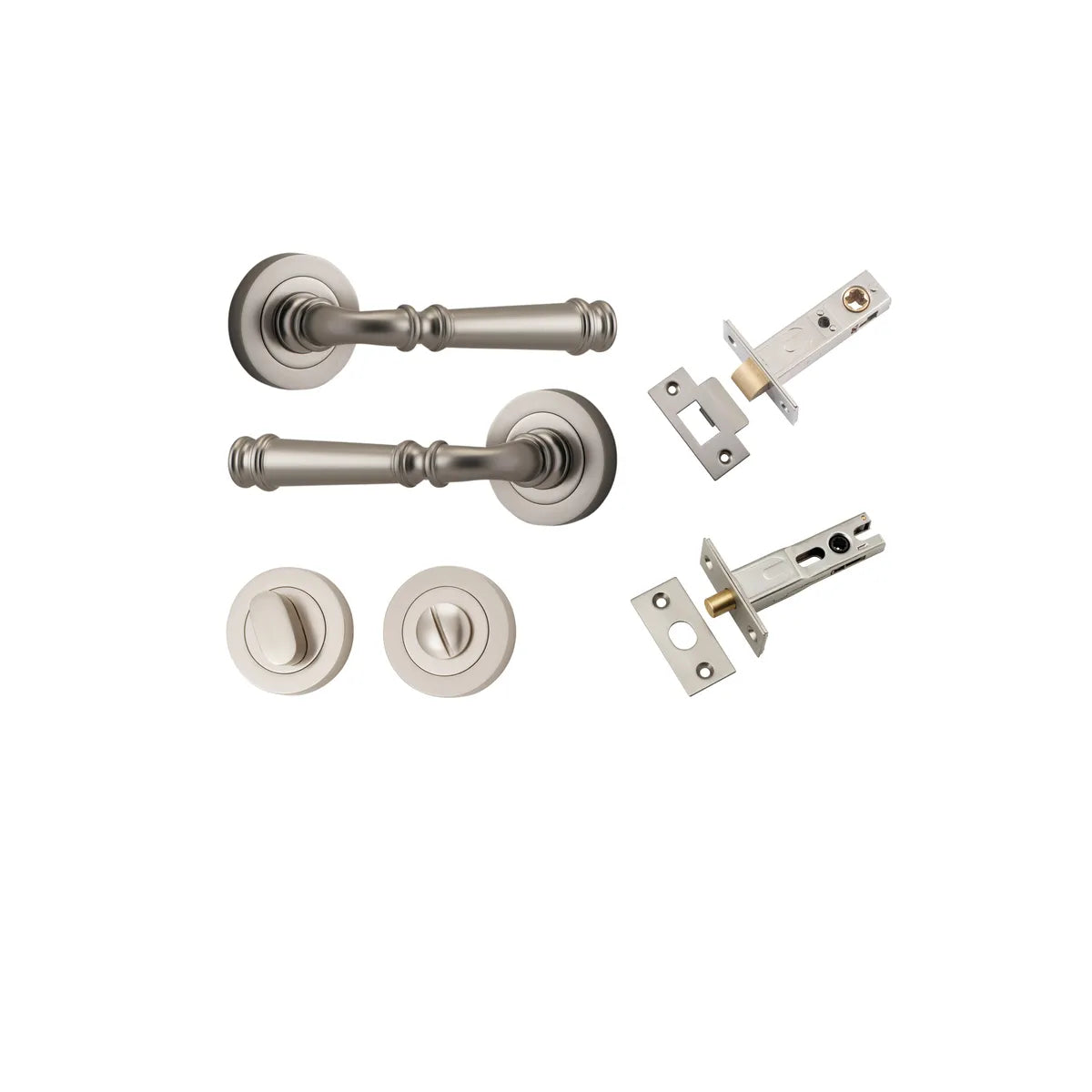 Verona Lever - Round Rose Privacy Kit with Separate Privacy Turn in Satin Nickel - privacy set configuration