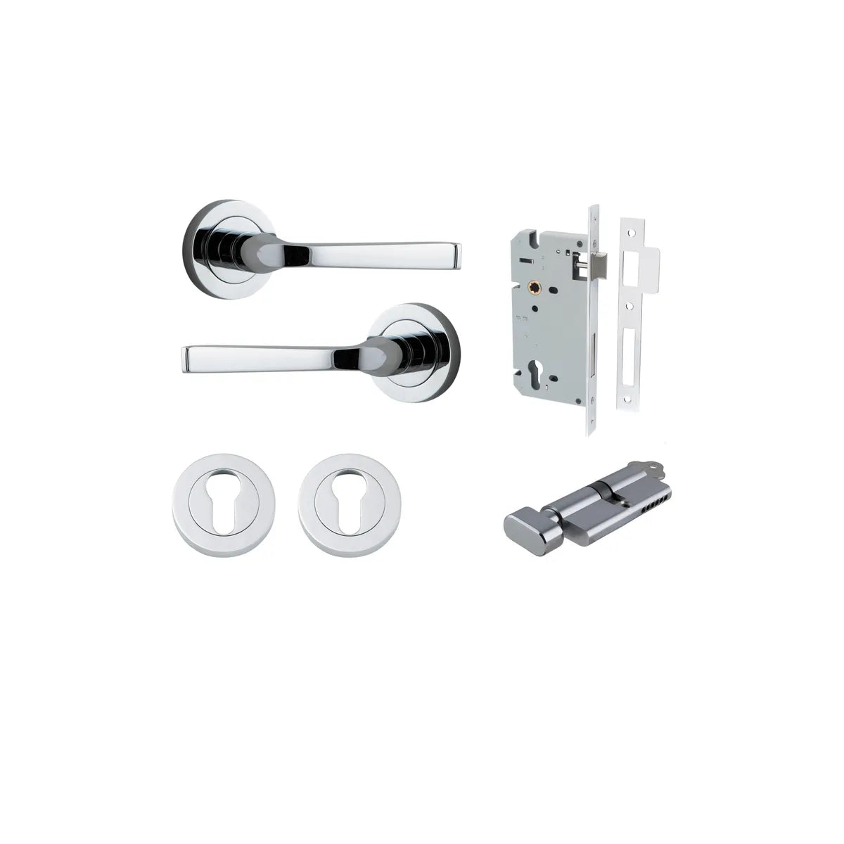 Annecy Lever - Round Rose Entrance Kit with Separate High Security Lock in Brushed Brass - entrance set configuration