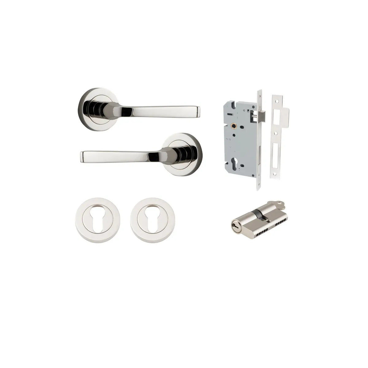 Annecy Lever - Round Rose Entrance Kit with Separate High Security Lock in Brushed Chrome - entrance set configuration