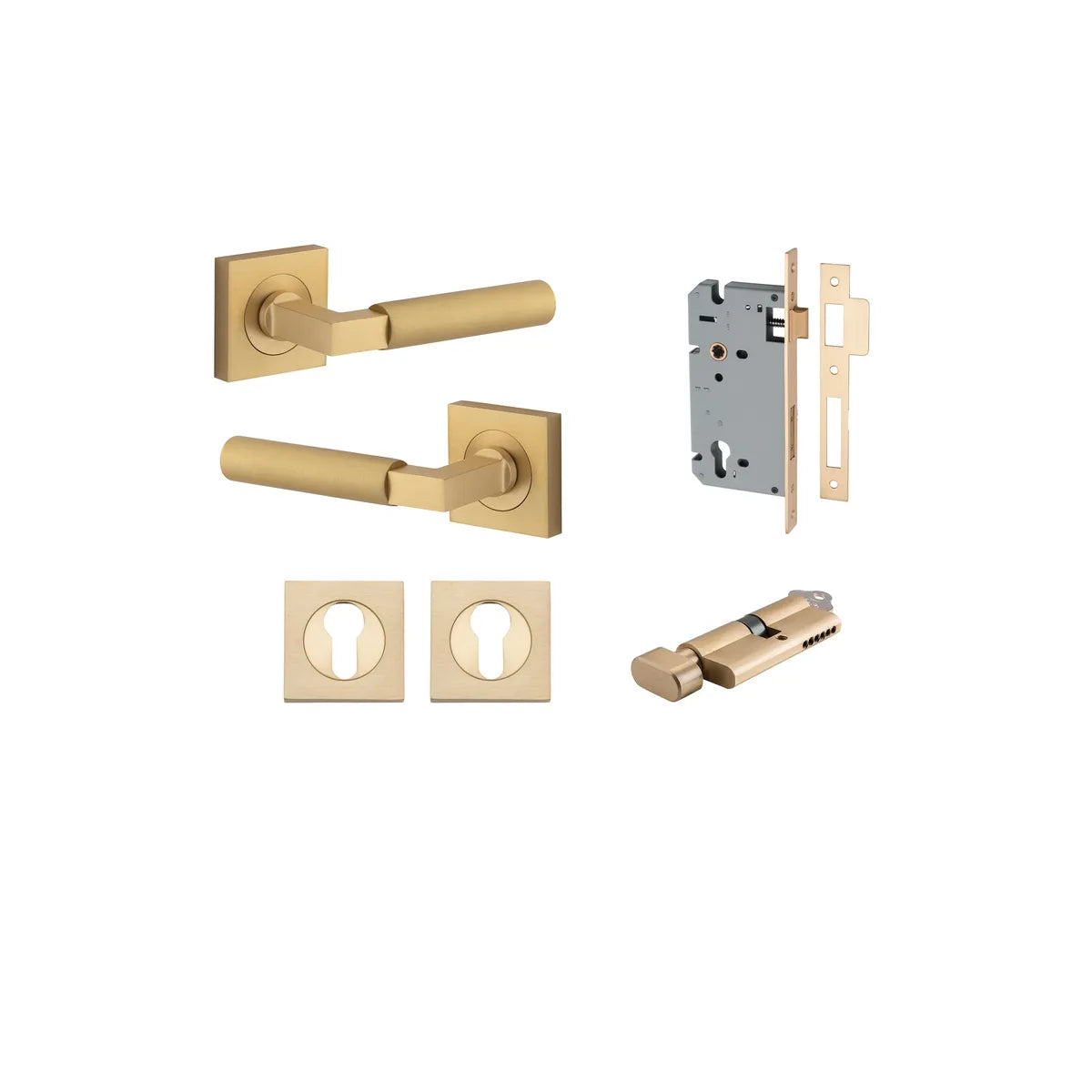 Berlin Lever - Square Rose Entrance Kit with High Security Lock in Brushed Brass - entrance set configuration