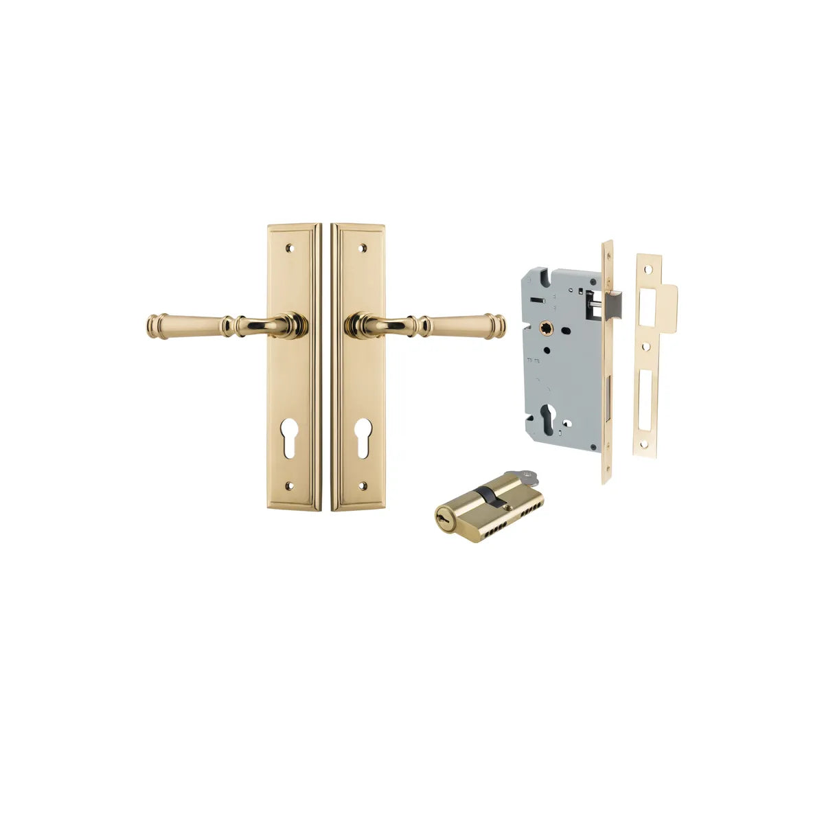 Verona Lever - Stepped Backplate Entrance Kit with High Security Lock in Brushed Brass - entrance set configuration