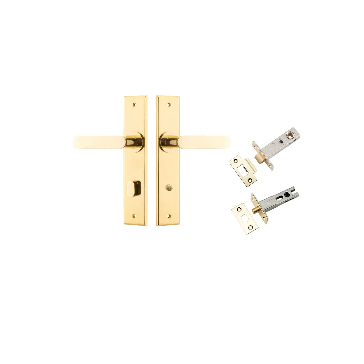 Bronte Lever - Chamfered Backplate Privacy Kit with Privacy Turn in Polished Brass - privacy set configuration