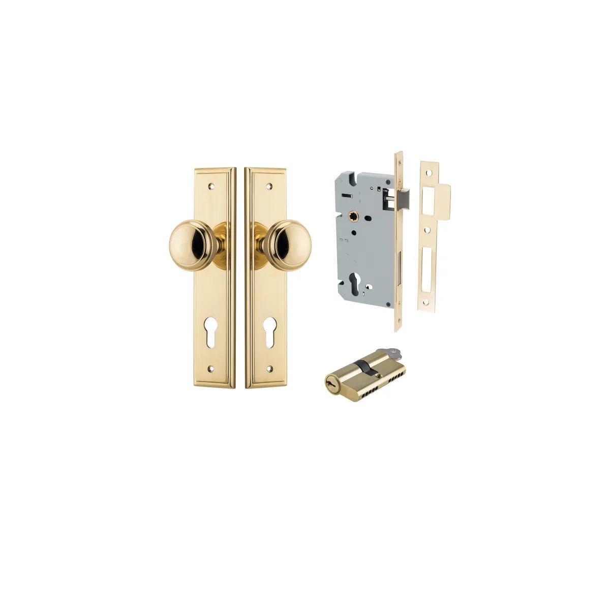 Paddington Knob - Stepped Backplate Entrance Kit with High Security Lock in Brushed Brass - entrance set configuration
