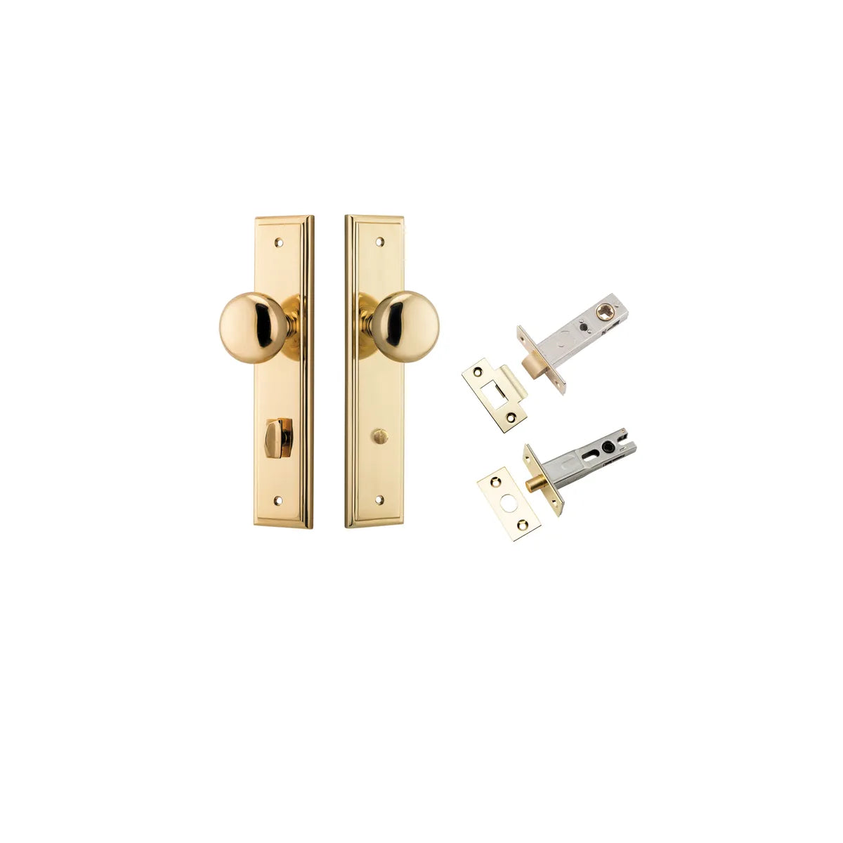 Cambridge Knob - Stepped Backplate Privacy Kit with Privacy Turn in Polished Brass - privacy set configuration