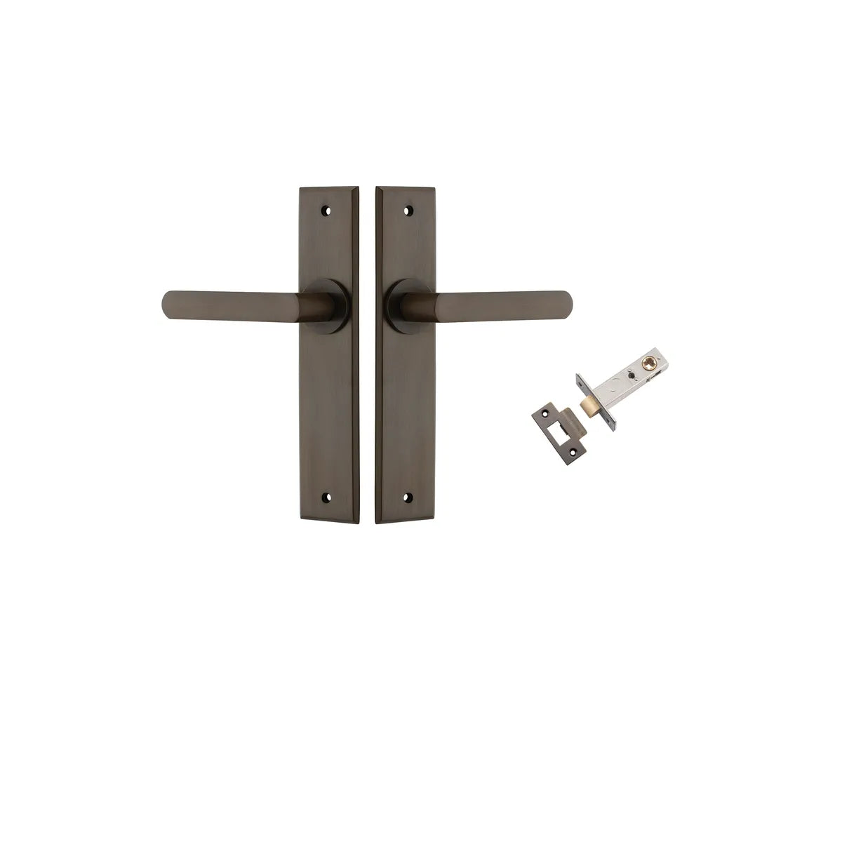Osaka Lever - Chamfered Backplate Passage Kit in Signature Brass - rear mounting detail
