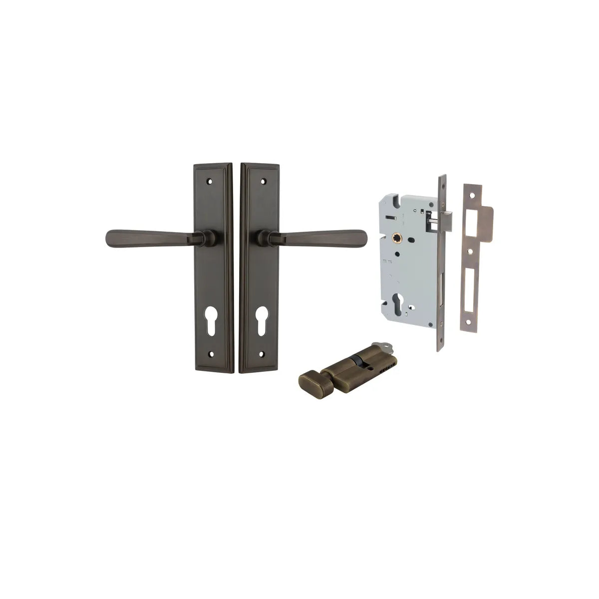 Copenhagen Lever - Stepped Backplate Entrance Kit with High Security Lock in Brushed Brass - entrance set configuration