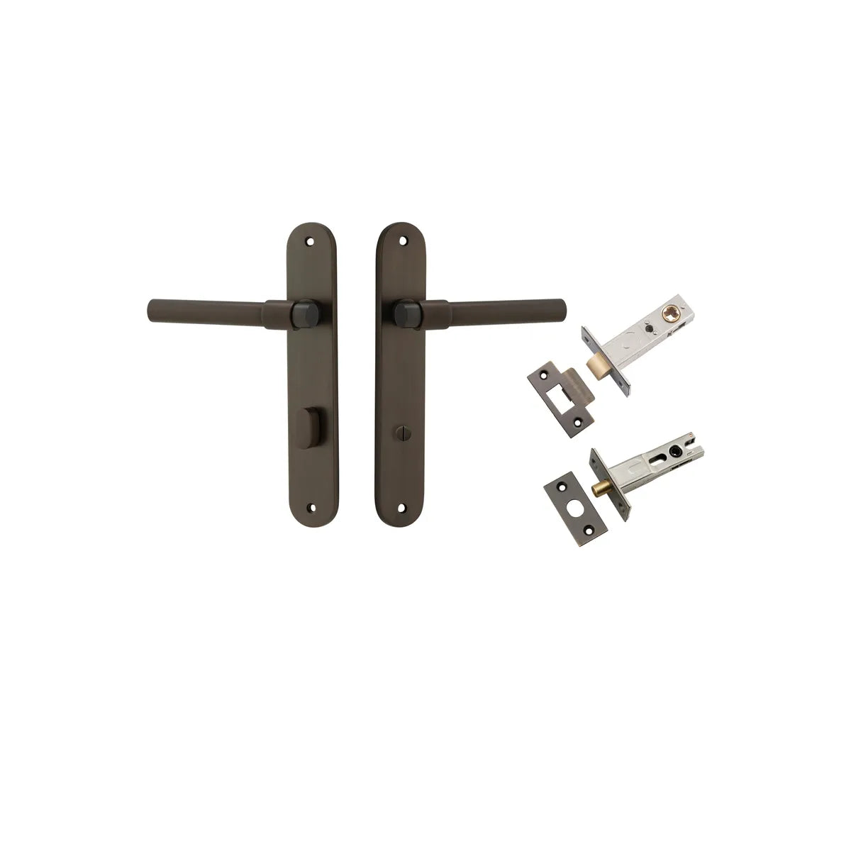 Helsinki Lever - Oval Backplate Privacy Kit with Privacy Turn in Signature Brass - privacy set configuration