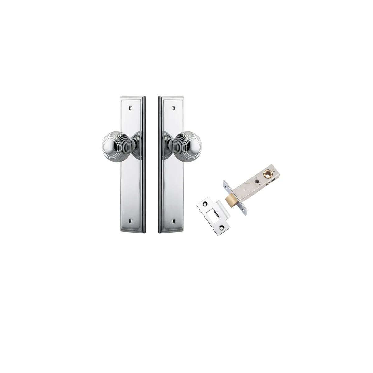 Guildford Knob - Stepped Backplate Passage Kit in Brushed Chrome - rear mounting detail