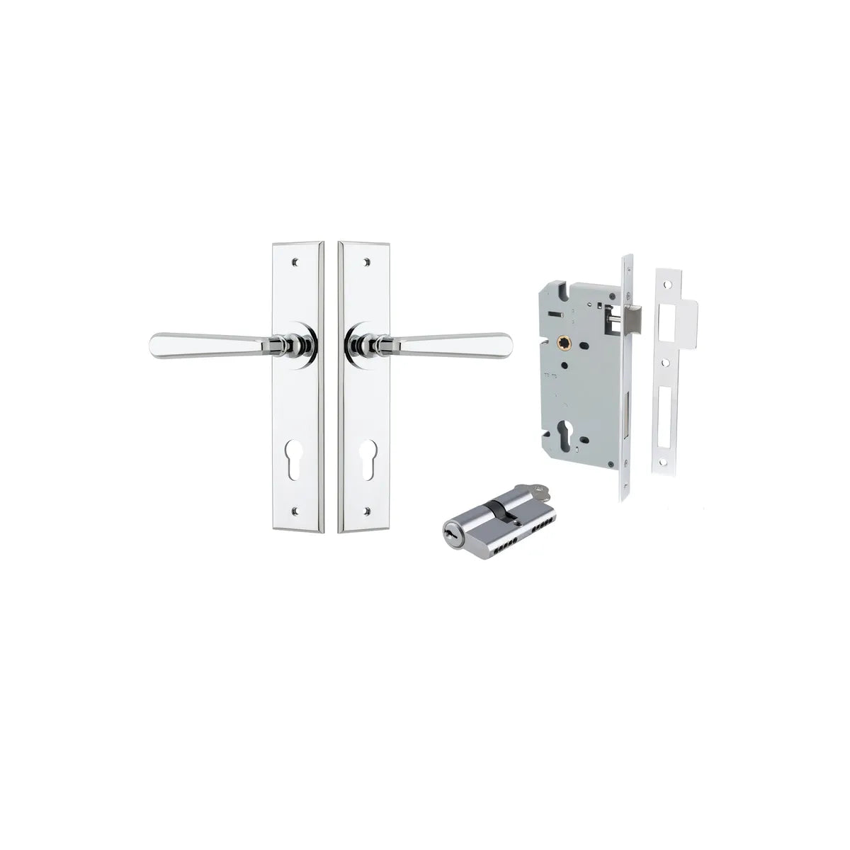 Copenhagen Lever - Chamfered Backplate Entrance Kit with High Security Lock in Brushed Chrome - entrance set configuration