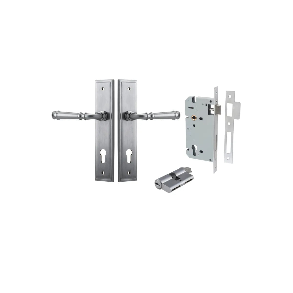 Verona Lever - Stepped Backplate Entrance Kit with High Security Lock in Brushed Chrome - entrance set configuration