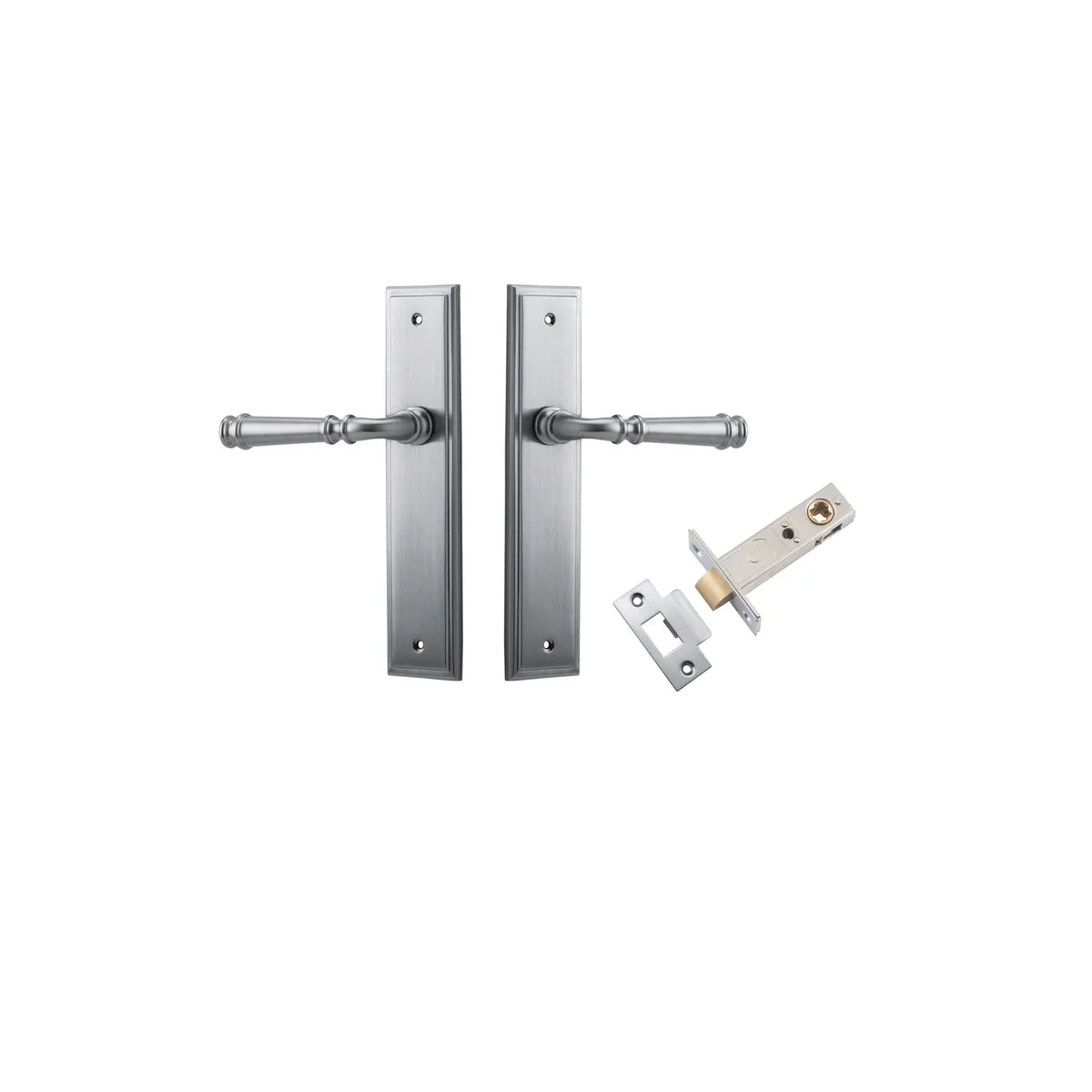 Verona Lever - Stepped Backplate Passage Kit in Brushed Chrome - angled product view