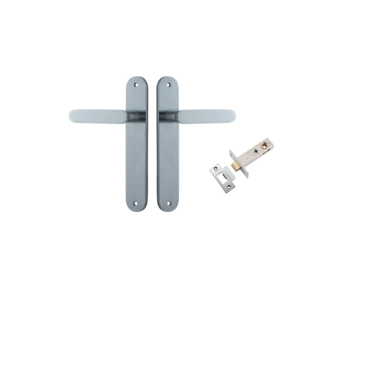 Bronte Lever - Oval Backplate Passage Kit in Brushed Chrome - angled product view