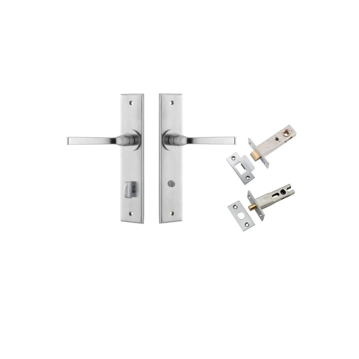 Annecy Lever - Chamfered Backplate Privacy Kit with Privacy Turn in Brushed Chrome - privacy set configuration
