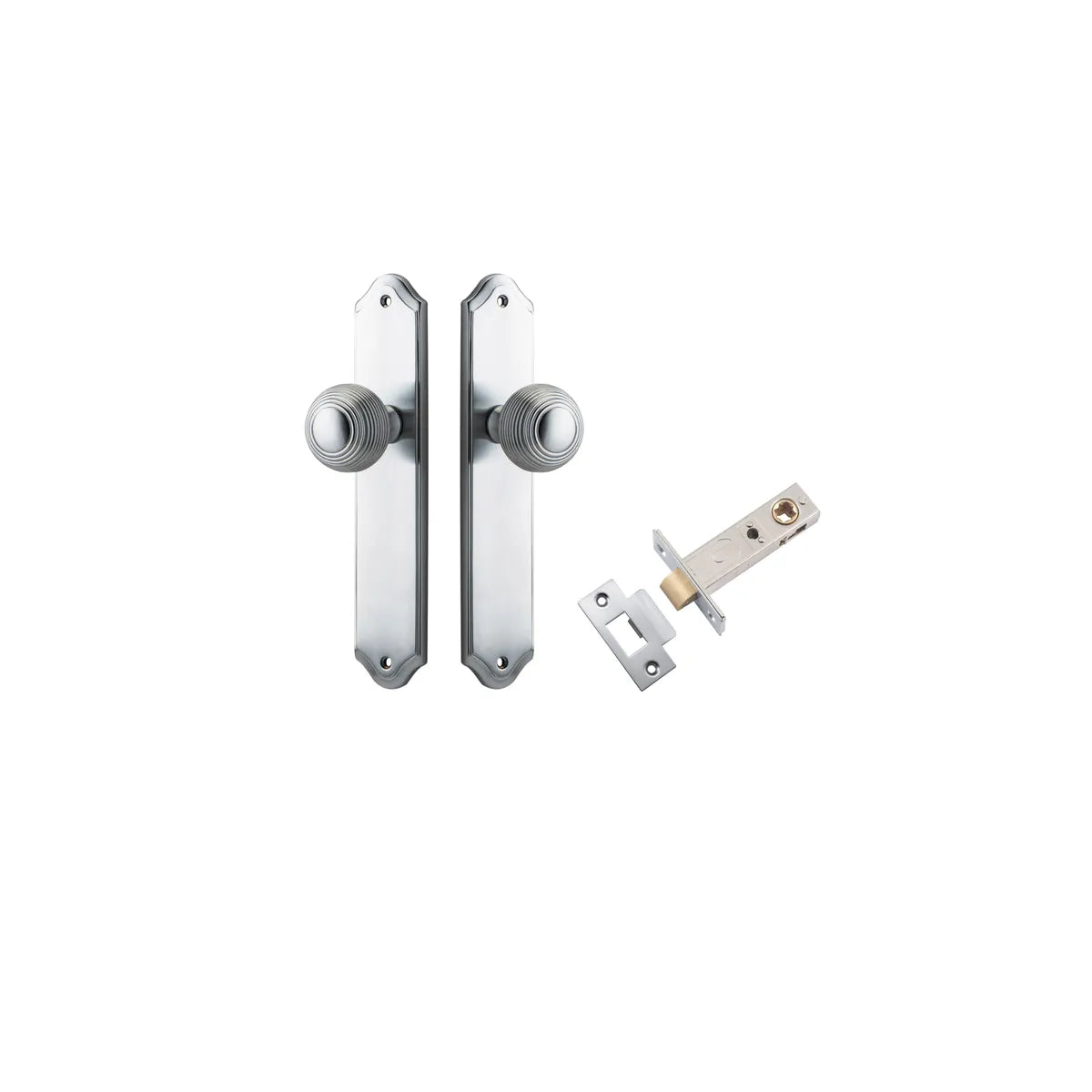 Guildford Knob - Shouldered Backplate Passage Kit in Brushed Chrome - angled product view