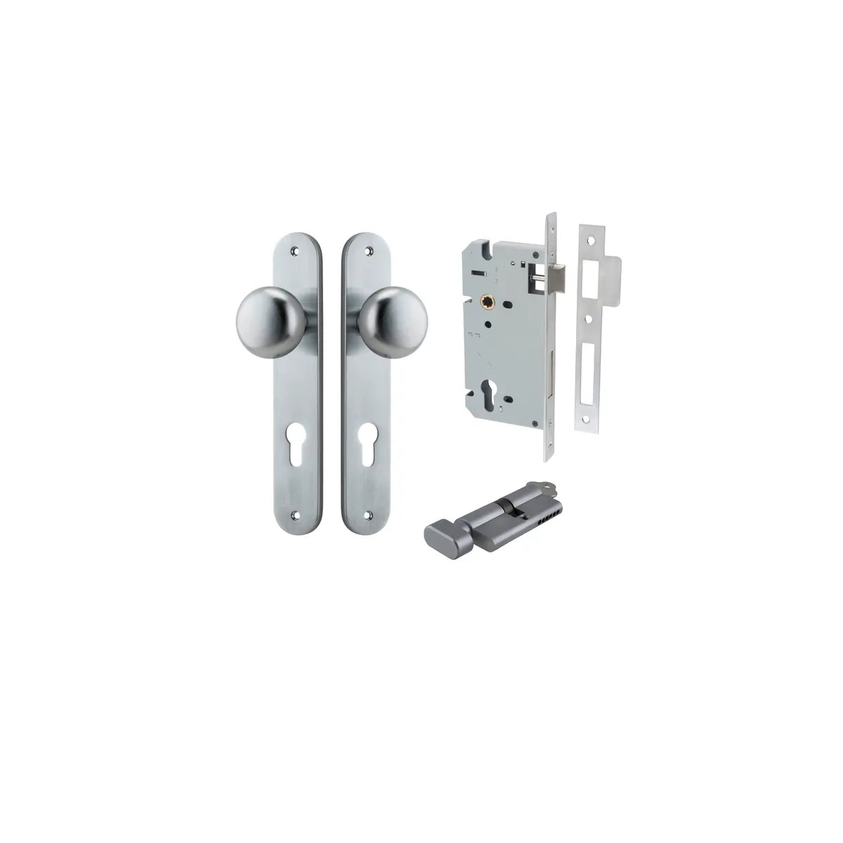 Cambridge Knob - Oval Backplate Entrance Kit with High Security Lock in Brushed Brass - entrance set configuration